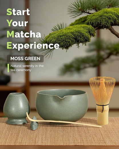 Maestri House Matcha Whisk Set, 7-Pc Complete Matcha Kit with Spouted Ceramic Bowl, Bamboo Whisk and Holder, Scoop, Spoon Rest & Sifter, Tea Cloth – Ideal Gift for Matcha Lovers (Moss-Green) - Image 2