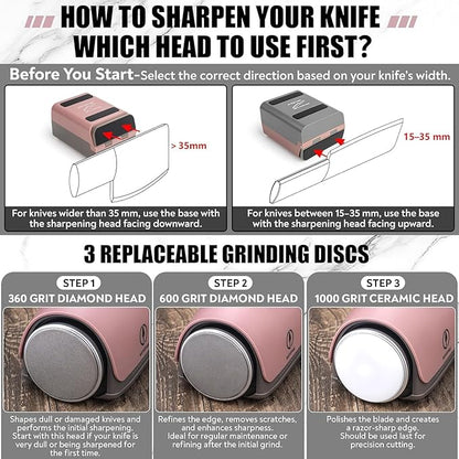 Rolling Knife Sharpener - Electric Knife Sharpener with 3 Heads & 3 Speeds, Adjustable 10°–25° Angle, Three-Stage Sharpening, Cordless Kitchen & Outdoor Knife Sharpening Kit