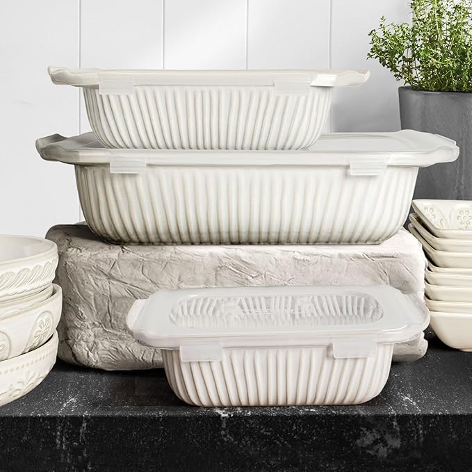 Artena Casserole Dishes For Oven, Ceramic Baking Dish, Large Lasagna Pan With Handles, Baking Pan Casserole Dish, Rectangular Bakeware Deep, White, Set Of 3 (5.1Qt/2.3Qt/1.1Qt) (Baking Dish With Lids) - Image 9