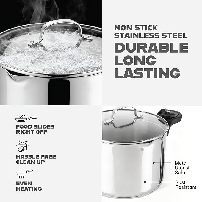 GOTHAM STEEL 8 Qt Nonstick Pasta Pot with Strainer Lid, Stainless Steel Stock Pot, Twist & Lock Handles, 2 Strainer Sizes, PFOA Free, for Soup & Spaghetti, Induction Ready, Oven & Dishwasher Safe - Image 5