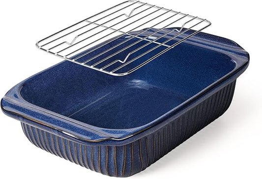 Artena Baking Dish 2.3 Quarts, Casserole Dishes For Oven, Baking Pan With Handles, Lasagna Pan Deep, Large Casserole Dish, Rectangular Ceramic Bakeware, Blue (Baking Dish With Rack) by Artena