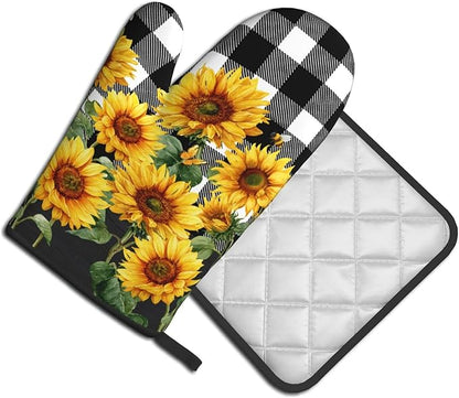 Sunflower Oven Mitts and Pot Holders Sets of 2 Buffalo Plaid Kitchen Mitts Farmhouse Hot Pads for Cooking Baking Grilling - Image 2