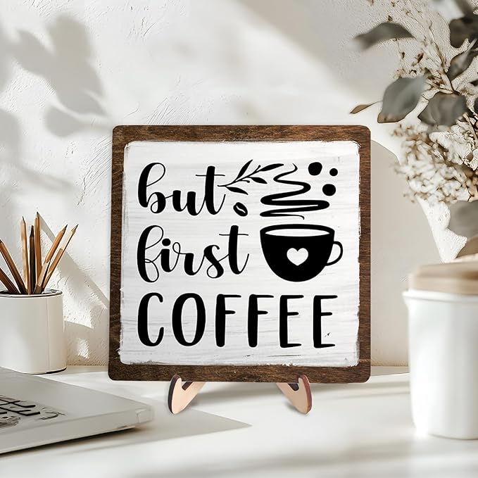 Vintage Coffee Bar Wooden Plaque Desk Sign, Farmhouse Wood Plaque Tabletop Decor for Cafe Bar Kitchen Office,Coffee Station Accessories 5.9x5.9Inch (White&Brown4, 5.9x5.9inches) - Image 3