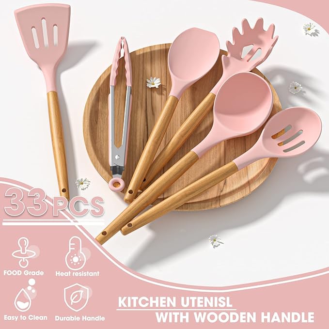 Umite Chef Silicone Kitchen Utensils Set, 33 Piece Non-Stick Kitchen Utensils with Stand, Wooden Handle, Pink - Image 6