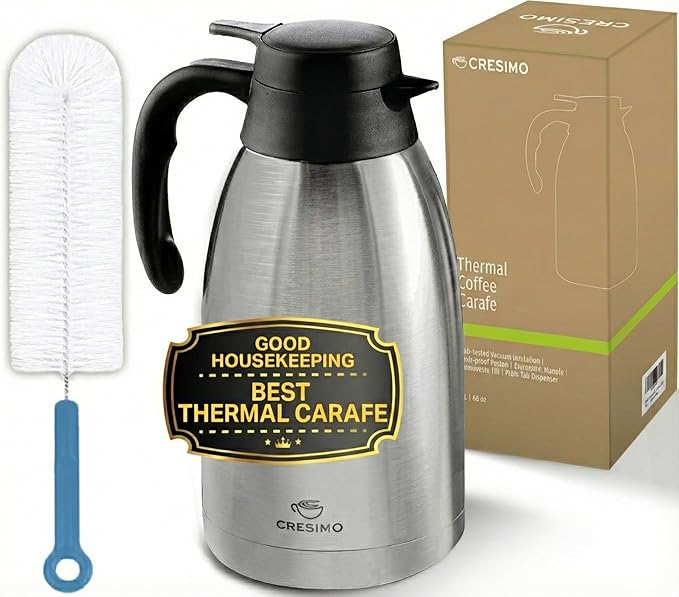Thermal Coffee Carafe 2L / 68 oz – Updated 2025 Model – Insulated Stainless Steel Coffee Dispenser for Hot & Cold Drinks – 24h Cold / 12h Hot – Coffee Urn & Tea Carafe with Cleaning Brush by Cresimo by Cresimo