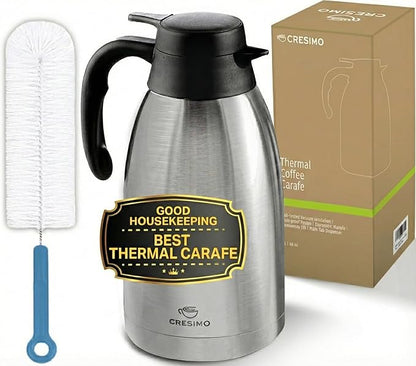 Thermal Coffee Carafe 2L / 68 oz – Updated 2025 Model – Insulated Stainless Steel Coffee Dispenser for Hot & Cold Drinks – 24h Cold / 12h Hot – Coffee Urn & Tea Carafe with Cleaning Brush by Cresimo by Cresimo