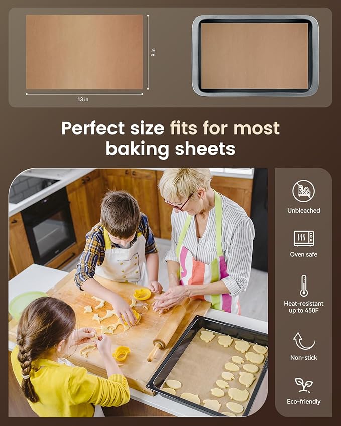 Parchment Paper Sheets, 9x13 In Non-Stick Precut Baking Parchment for Baking, Grilling, Air Fryer, Steaming, and More (Unbleached) - Quarter Sheet Size, Perfect for Bread, Cakes, Cookies, 100PCS - Image 3