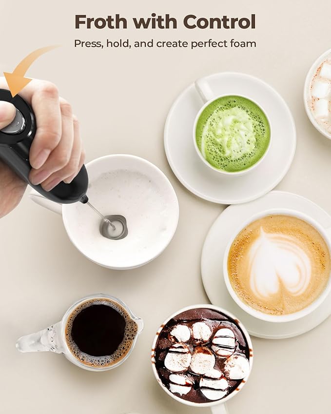 SIMPLETASTE Milk Frother Handheld Electric Foam Maker, Drink Mixer with Stainless Steel Whisk for Cappuccino, Bulletproof Coffee, Latte, Midnight Black, without Stand, Battery Operated - Image 4