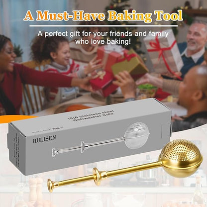 HULISEN Flour Duster for Baking, One-Handed Operation, 304 Stainless Steel Powdered Sugar Shaker Duster, Pick Up and Dust Flour Sifter, Gift Package, Gold - Image 7