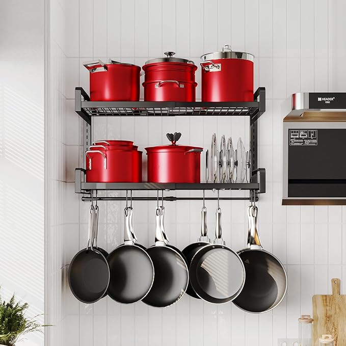 19"- 30" Expandable Hanging Pot Rack, 2 Tier Heavy Duty Wall Mounted Pots and Pans Organizer with 10 Hooks and 5 Pot Lid Holders, Pot Hanger Shelf for Kitchen Cookware Utensils Organizers and Storage - Image 7