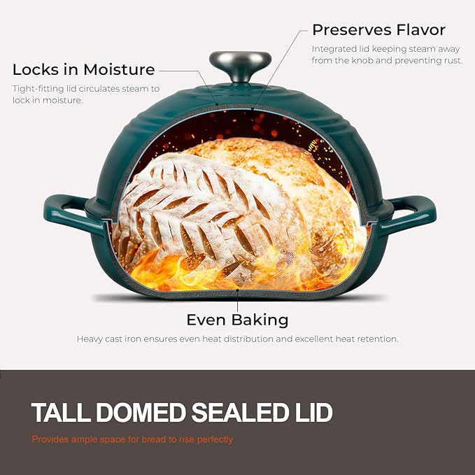 Overmont Enameled Cast Iron Bread Oven - 6QT Bread Dutch Oven for Sourdough Baking - Bread Pot with Dome Lid Cotton Potholders & Cookbook - Multi-Functional Bread Pan For Baking Frying Roasting - Image 4