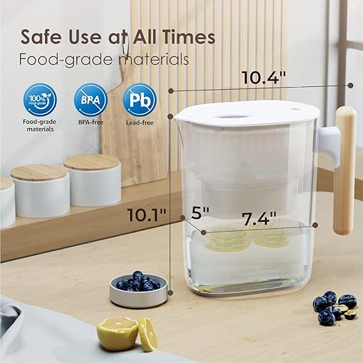 Waterdrop PT-04C Water Filter Pitcher, 10-Cup Capacity, NSF Certified, 200-Gallon Long-Life Filter, 5X Longer Filter Life, Reduces PFOA/PFOS and Chlorine, BPA-Free, Sturdy Wooden Handle, Clear