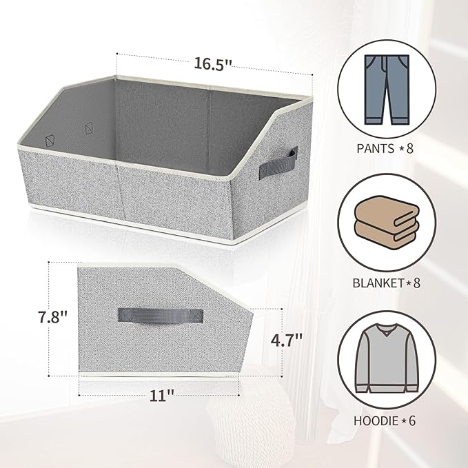 Homsorout Trapezoid Closet Shelf Organizer - Large Baskets for Organizing, Fabric Storage Box for Shelves, Cube Storage Bins for Clothes, Books, Blankets, 3 Pack, Light Gray - Image 2