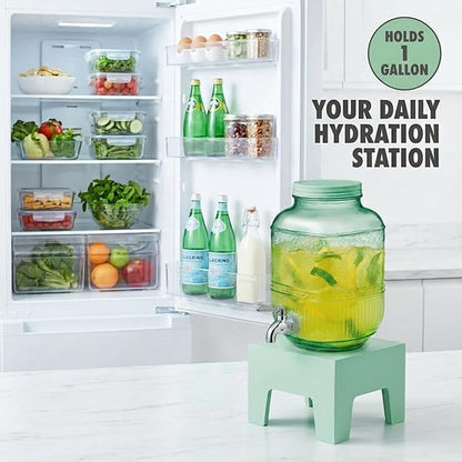 Beverage Dispenser 1 Gallon, Glass Drink Dispenser with Wooden Base Stand, Wide Mouth Jar for Lemonade, Iced Tea, Infused Water, Vintage Kitchen Decor - Green