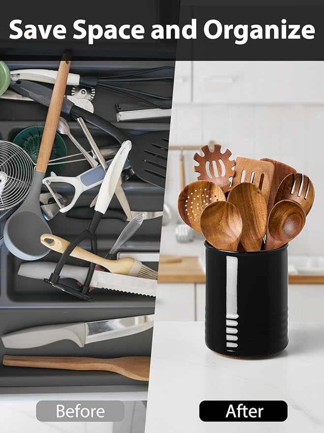 ABRUTY Utensil Holder, 6.7" Ceramic Kitchen Utensil Crock for Countertop Cooking, Modern Utensil Caddy Jar Organizer for Farmhouse Kitchen Counter Decor (Black) - Image 5