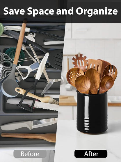 ABRUTY Utensil Holder, 6.7" Ceramic Kitchen Utensil Crock for Countertop Cooking, Modern Utensil Caddy Jar Organizer for Farmhouse Kitchen Counter Decor (Black) - Image 5