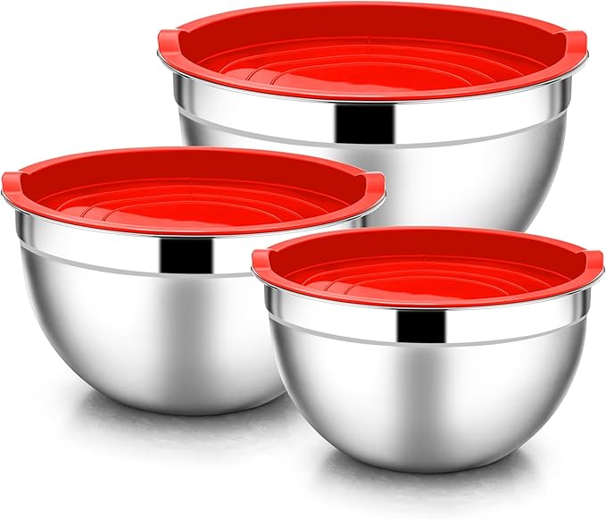 E-far Mixing Bowls with Lids, 6-Piece Stainless Steel Salad Bowls Metal Nesting Bowls for Baking Cooking and Prepping, Airtight Lids & Stackable Design, Size 4.5, 3, 1.5 QT (Red) by E-far