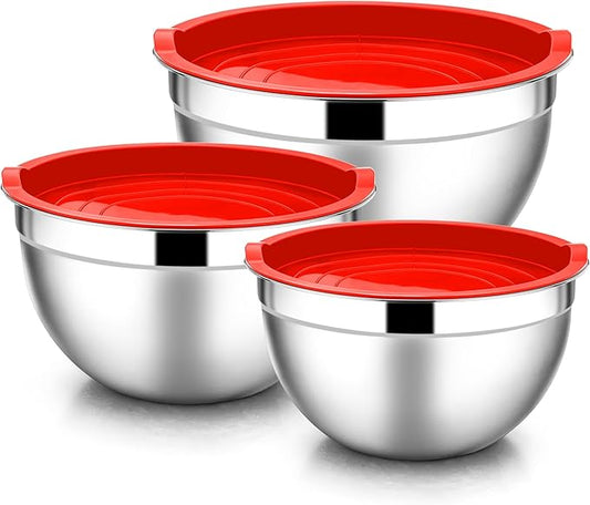 E-far Mixing Bowls with Lids, 6-Piece Stainless Steel Salad Bowls Metal Nesting Bowls for Baking Cooking and Prepping, Airtight Lids & Stackable Design, Size 4.5, 3, 1.5 QT (Red) by E-far