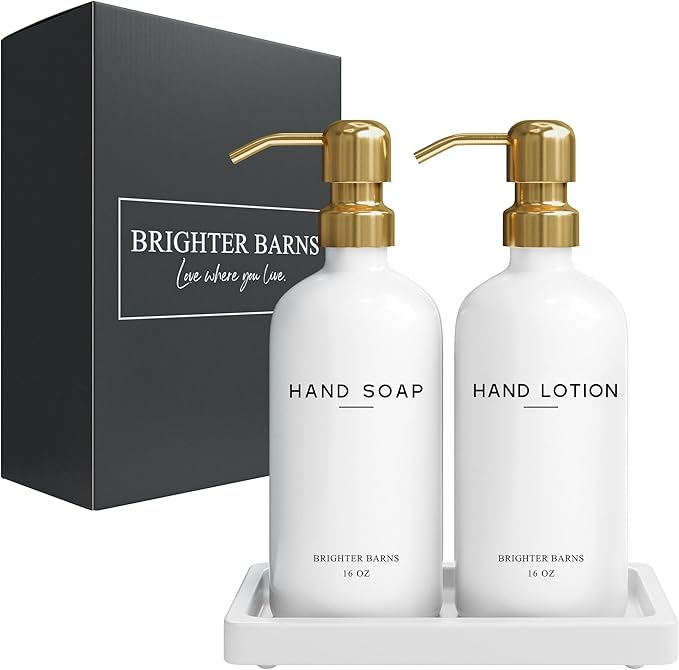 Luxury Glass Soap and Lotion Dispenser Set with Tray by Brighter Barns - Hand Soap Dispenser Bathroom Set & Stainless Steel Pump for Home or Airbnb - White and Gold Bathroom Accessories & Decor (Gold) - Image 8
