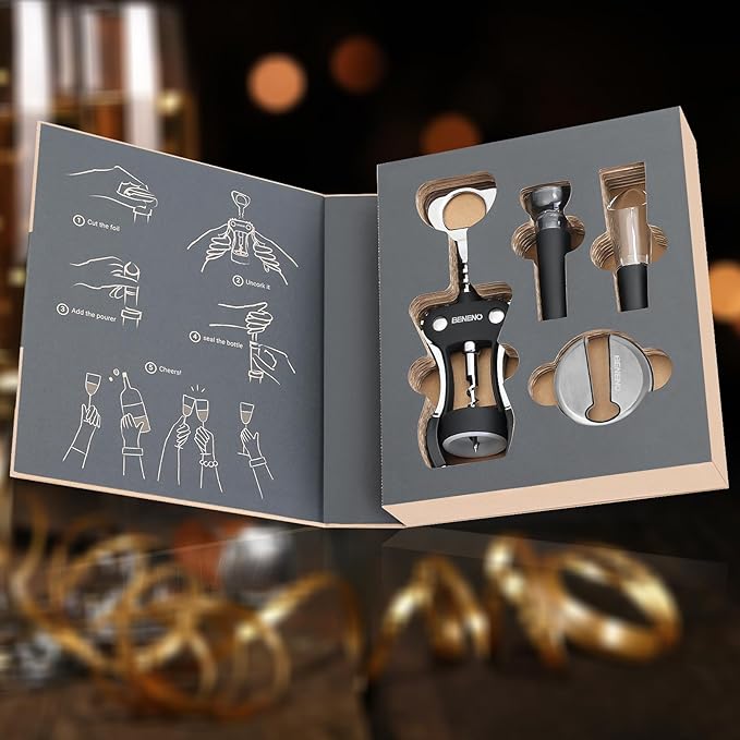 Beneno Multifunctional Wine Bottle Opener Gift Wing Corkscrew, Foil Cutter, Vacuum Stopper & Aerator Pourer, Perfect for Wine Lovers Man Woman, Elegant Black - Image 3