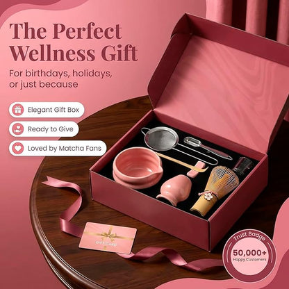 BARISTA EMPEROR® MATCHA WHISK SET PREMIUM 11pcs - Professional Matcha Kit Set with Matcha Bowl, Matcha Whisk, Milk Frother, Spoon, Sifter, Scoop, Stand, Cup, Mat - Aesthetic Pink Matcha Set Kit
