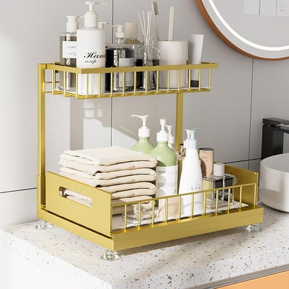 Saydear Under Sink Organizer Storage 2-Tier Premium Metal Pull-Out Kitchen Cabinet Organizer with Sliding Drawer, Height Adjustable, Heavy Duty for Kitchen & Bathroom Organizers 2 Pack Gold - Image 3