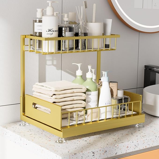 Saydear Under Sink Organizer Storage 2-Tier Premium Metal Pull-Out Kitchen Cabinet Organizer with Sliding Drawer, Height Adjustable, Heavy Duty for Kitchen & Bathroom Organizers 1 Pack Gold - Image 3