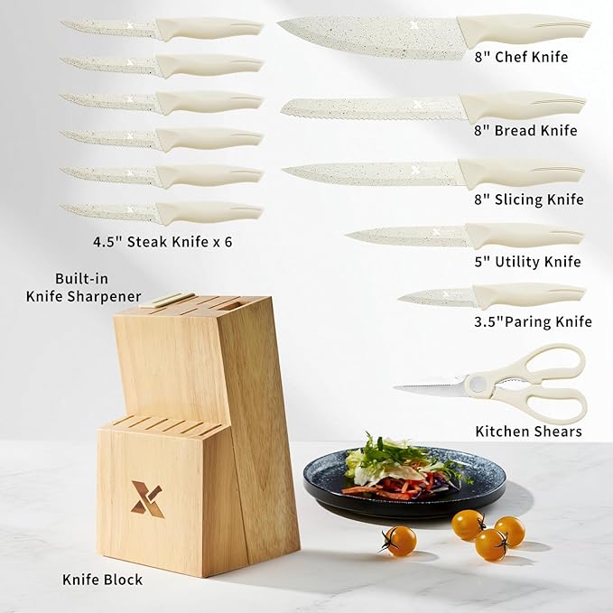 XANAPON Knife Set, Dishwasher Safe Kitchen Knife Set, CreamWhite Ergonomic Handle and Ceramic-Coated Blades, Built-in Sharpener Block, Sturdy German Stainless Steel - Image 2