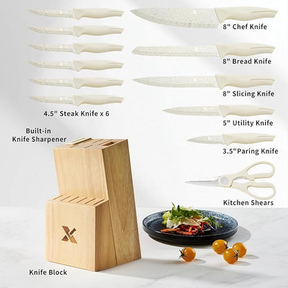 XANAPON Knife Set, Dishwasher Safe Kitchen Knife Set, CreamWhite Ergonomic Handle and Ceramic-Coated Blades, Built-in Sharpener Block, Sturdy German Stainless Steel - Image 2