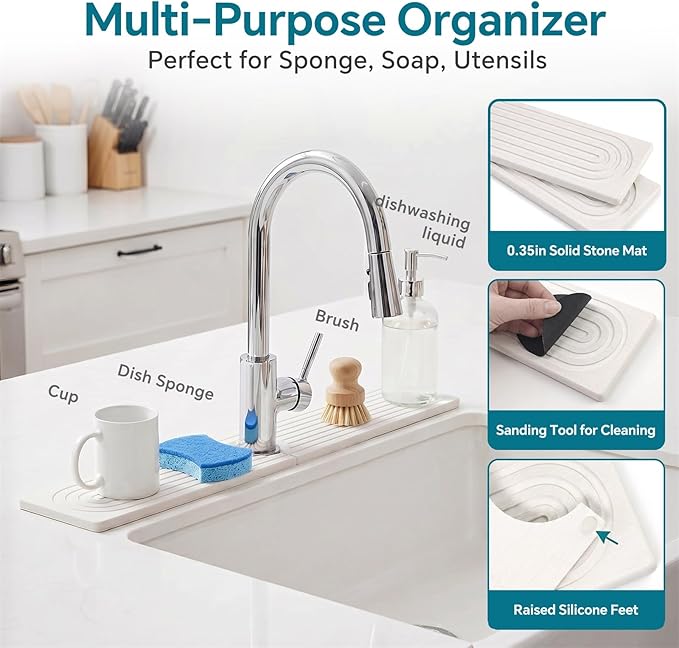 Stone Faucet Mat for Kitchen Sink-Diatomite Drying Stone Mat& Sink Protector,Quick Dry Water Absorbing Stone Tray ,Sink Splash Guard for Kitchen Counter & Bathroom Counter(White, 23.6"X3.9") - Image 4