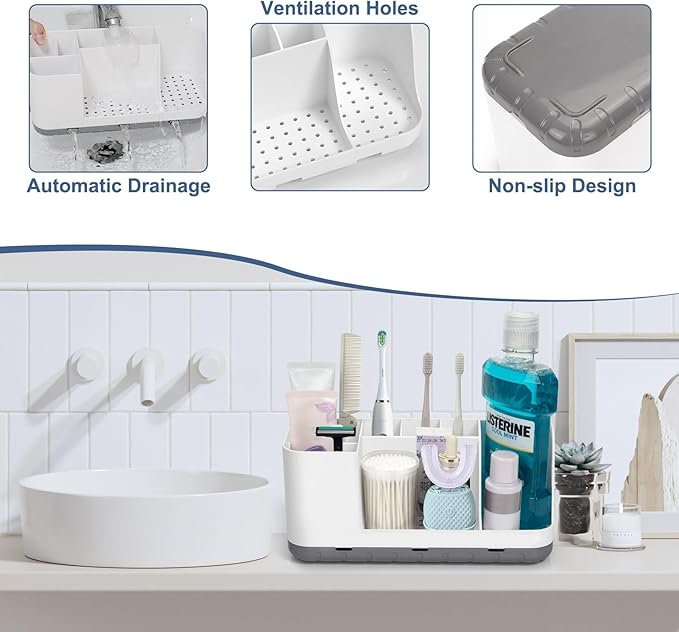 QIYVLOS Bathroom Organizers and Storage, 8 Slots Detachable Toothbrush Holders for Bathrooms, Anti-Slip Bathroom Countertop Organizer with Drainage Hole Vanity Storage (Ivory)