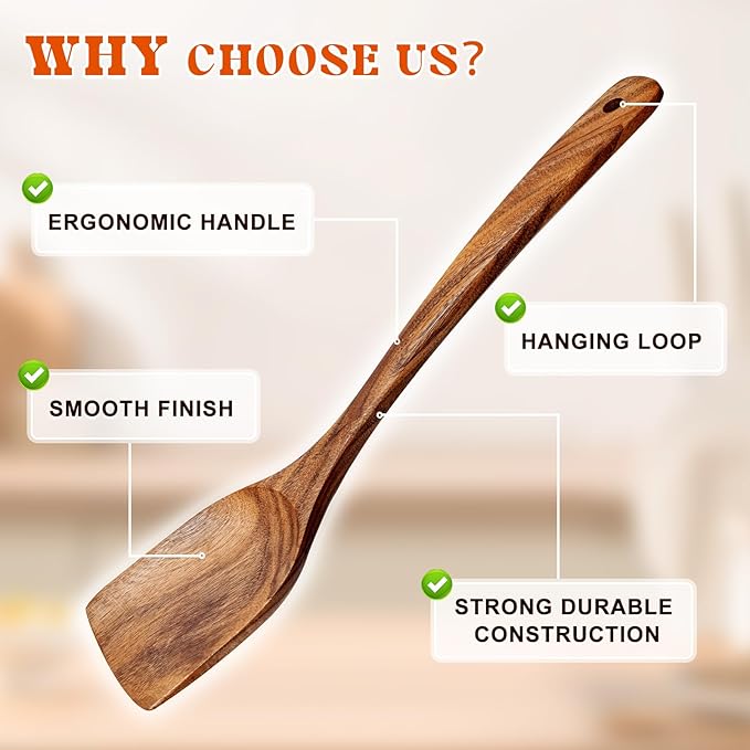2Pcs Wooden Spatula, Acacia Solid & Slotted Turner Spatula Set, Long Handle Flat Frying Spatulas, Ideal Kitchen Gift for Mother and Grandma, Kitchen Utensils Set for Cooking, Frying, Baking - Image 6
