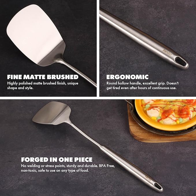 18/10 Stainless Steel Cooking Utensils Set - 16 PCS All Metal Serving Utensils, Kitchen Tools - Whisk, Masher, Fork, Tongs, Solid/Slotted Spoon, Spatula, Turner, Ladle, Skimmer, Pasta, Large Spoon Set - Image 5