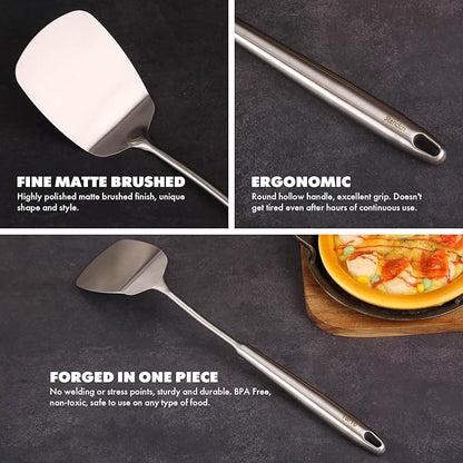 18/10 Stainless Steel Cooking Utensils Set - 16 PCS All Metal Serving Utensils, Kitchen Tools - Whisk, Masher, Fork, Tongs, Solid/Slotted Spoon, Spatula, Turner, Ladle, Skimmer, Pasta, Large Spoon Set - Image 5