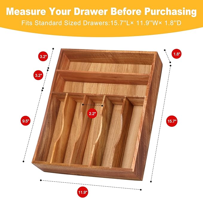 Kitchen Acacia Silverware Organizer - Extra Deep Grooved Drawer Divider, 7 Slot Utensil Organizer - Image 3