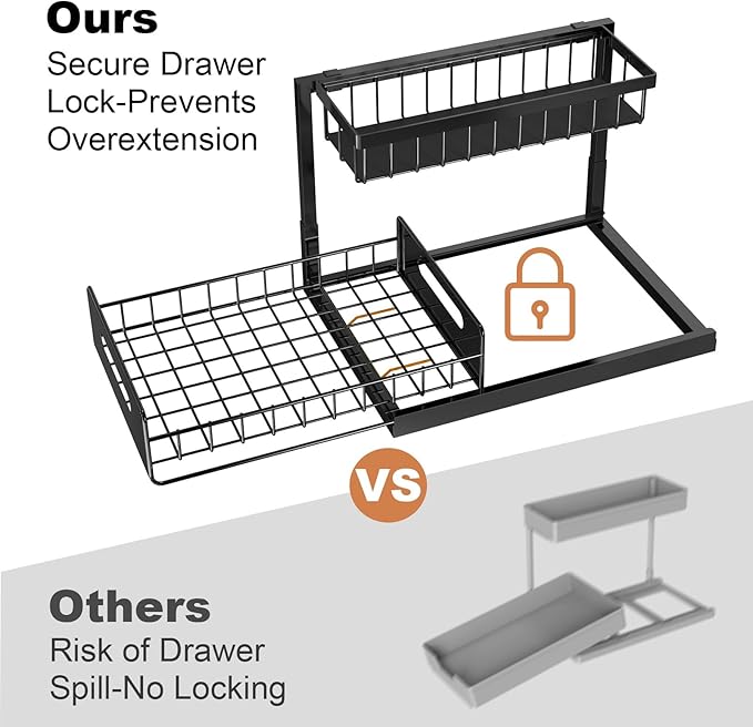 REALINN Under Sink Organizer, L-Shaped 2 Tier Pull Out Cabinet Organizer for Kitchen and Bathroom, Slide Out Under Cabinet Storage, Metal Under Sink Storage with Sliding Drawer, 50 lbs, Black 2 Pack - Image 5