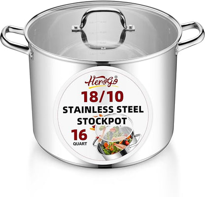 Herogo 16-Quart 18/10 Stainless Steel Stock Pot with Lid, Large Heavy Duty Soup Pot Compatible with Electric, Gas, Induction and Gas Cooktops, Non-Toxic & Corrosion Resistant, Dishwasher Safe