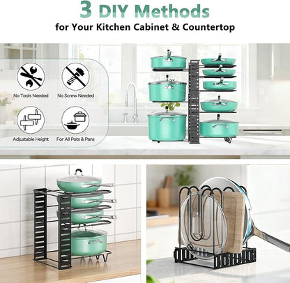ORDORA Pots and Pans Organizer under Cabinet, 8 Tier Pot Organizers Rack Expandable 11.65" to 19.02" Height with 3 DIY Methods, Adjustable Pan Organizer inside Cabinet Kitchen Storage Organization - Image 3