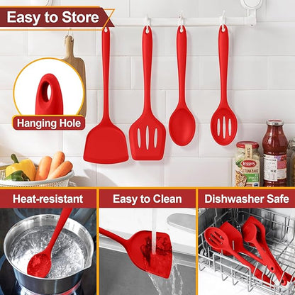 P&P CHEF Kitchen Utensil Set, 4 Pieces Non-stick Silicone Cooking Utensils, Heat-resistant Slotted Solid Spoon Turner for Frying, Mixing, Serving, Non-toxic & Easy to Clean, Red - Image 7