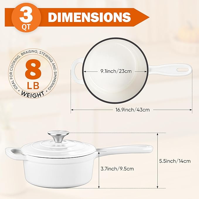 Homikit 3 Quart Saucepan with Lid, Enameled Cast Iron Saucepan for All Cooktops, Heavy Duty Cast Iron Pot for Kitchen Cooking, Boiling, Nonstick & Heat Resistant Up to 500°F, White