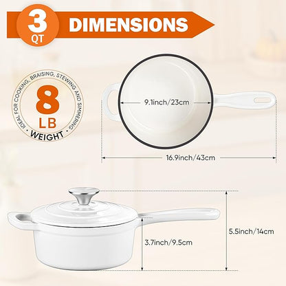 Homikit 3 Quart Saucepan with Lid, Enameled Cast Iron Saucepan for All Cooktops, Heavy Duty Cast Iron Pot for Kitchen Cooking, Boiling, Nonstick & Heat Resistant Up to 500°F, White