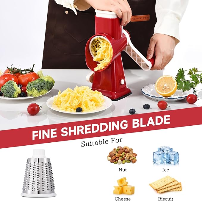 Rotary Cheese Grater with Handle Kitchen Shredder Slicer Grater Slicer Ice Shaver Cheese Vegetable Nuts Potato Zucchini Chocolate 3 Interchangeable Blades (RedWhite) - Image 3
