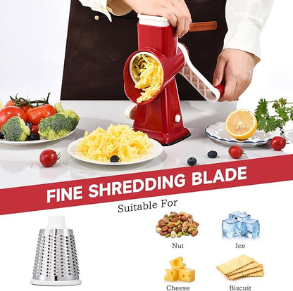 Rotary Cheese Grater with Handle Kitchen Shredder Slicer Grater Slicer Ice Shaver Cheese Vegetable Nuts Potato Zucchini Chocolate 3 Interchangeable Blades (RedWhite) - Image 3