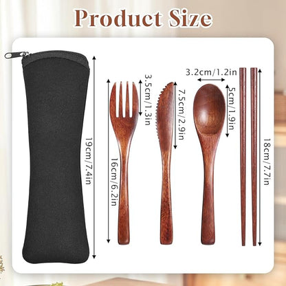 4 PCS Portable Wooden Travel Utensils, Reusable Wooden Cutlery Set with Case, Spoon Fork Knife Chopsticks for Eating, Sturdy Wood Flatware Set Eating Utensils Sets for Work, Travel, And Camping