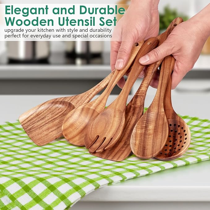 HOWHONG Wooden Spoons for Cooking, Teak Wood Kitchen Utensil Set, Premium Handmade Wooden Utensils for Nonstick Cookware, Heat Resistant, Smooth Finish, Comfortable Grip, 6 Piece - Image 6