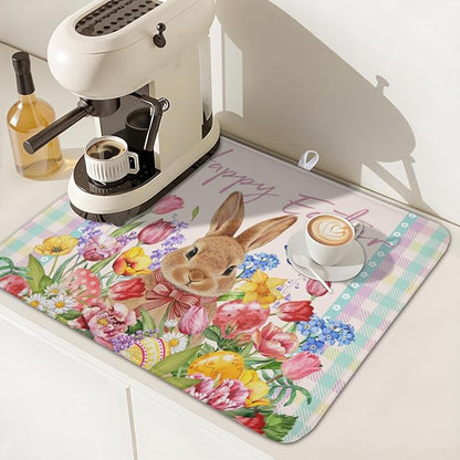 Easter Bunny Dish Drying Mat for Kitchen Counter Happy Easter Rabbit Floral Colorful Buffalo Plaid Microfiber Dish Drainer Mat Absorbent Washable Drying Pad 16"x18"