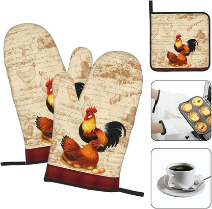 Retro Rustic Pot Holders and Oven Mitts Set of 3, Rooster Chicken Oven Gloves Hot Pads for Baking Cooking Grilling BBQ, Rooster Chicken Decor for Kitchen, Rustic Baking Gifts for Women Chef Baker