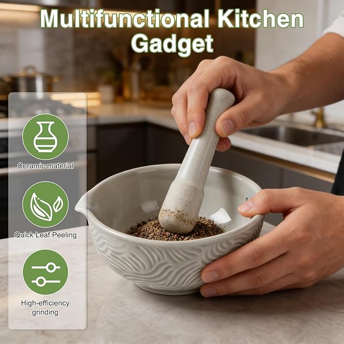 Ceramic Grater Bowl with Herb Stripper, 3 in 1 Handmade Ginger Grater Bowl, Garlic Grater Plate, Multi-Functional Kitchen Tools and Gadgets, for Garlic, Chocolate, Herbs, Etc - Image 2