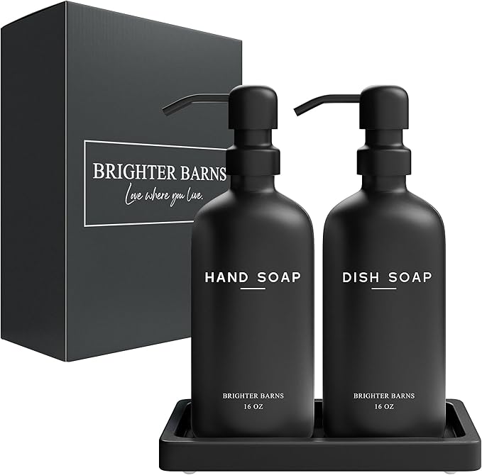 Black Glass Hand and Dish Soap Dispenser Set by Brighter Barns - Kitchen Soap Dispenser Set with Tray for Home, Airbnb, Vacation Rental, Gift - Minimalist Home Decor, Modern Kitchen Decor (Black) - Image 8