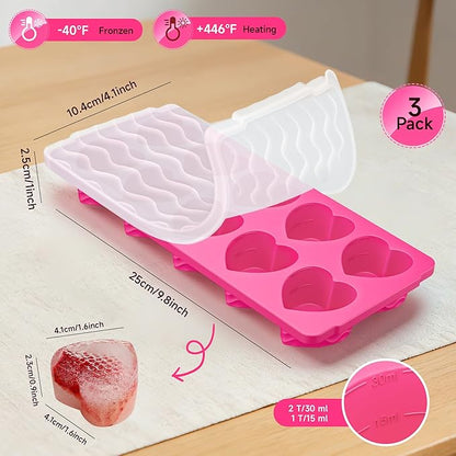 Ice Cube Tray with Lid – 3 Pack 2 Tbsp Ice Trays for Freezer, Stackable, BPA-Free, Easy Release Large Ice Cube Molds for Chocolate, Cocktails, Iced Coffee, Whiskey & Juice (10-heart cube,rose red)